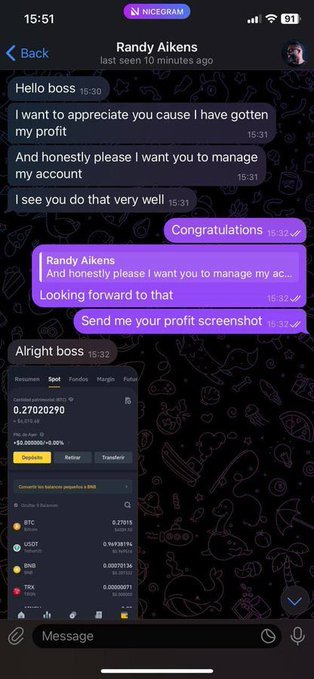 A screenshot of a Telegram chat with 'Randy Aikens' where the user requests to manage their profit account, followed by a Binance screenshot showing a balance of '0.270203290' BTC with a profit of '+$3.850000'.