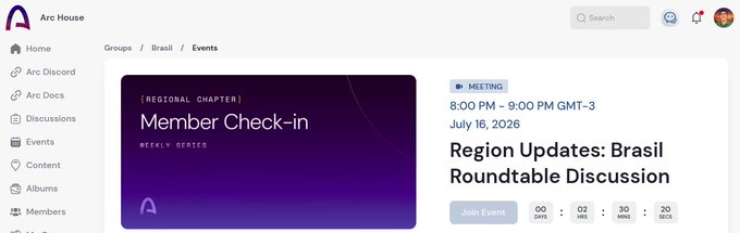An Arc House event page for 'Region Updates: Brasil Roundtable Discussion' scheduled for July 16, 2026 at 8:00 PM - 9:00 PM GMT-3.