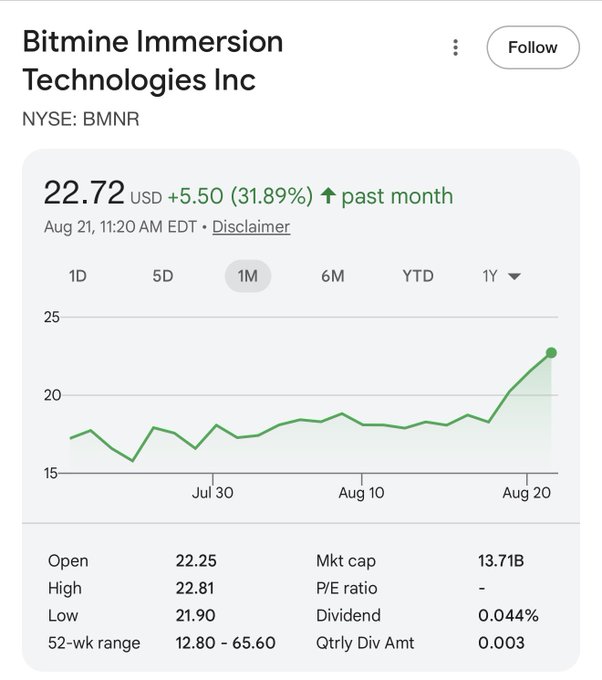A Google Finance stock chart for Bitmine Immersion Technologies Inc (NYSE: BMNR) shows the stock at $22.72 USD, up $5.50 (31.89%) over the past month, with the price trending sharply upward from around $17 in late July to over $22 by August 20—reflecting the recent rally that BMNR bag holders are celebrating.