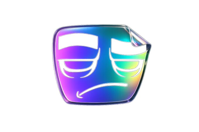 A holographic, iridescent silver face mask emoji with a frowning expression and prominent eyebrows, rendered with a sticker-like curled corner effect.