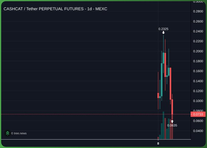 A cryptocurrency candlestick chart for CASHCAT/Tether PERPETUAL FUTURES - 1d on MEXC, showing a sharp peak at 0.2325 and current price at 0.0731, sourced from tree.news.