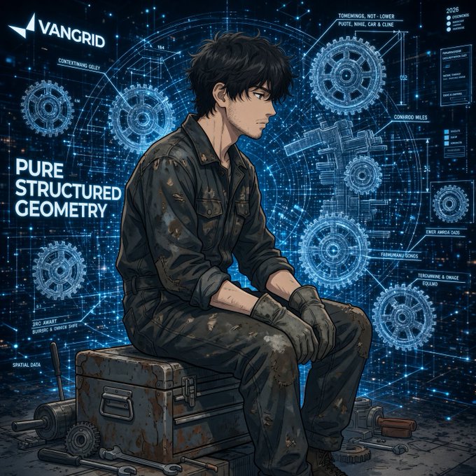 An anime illustration of a young man in dark work clothes sitting on a toolbox with mechanical gears and geometric designs in the background, branded "VANGRID" with text "PURE STRUCTURED GEOMETRY".