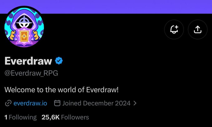 The image shows the Twitter/X profile page of "Everdraw" (@Everdraw_RPG), a verified account with 25.6K followers and 1 following, joined in December 2024, featuring a hooded wizard character logo and the tagline "Welcome to the world of Everdraw!" with a link to everdraw.io—representing the official social media presence of the upcoming Solana-based RPG game highlighted in the promotional post.