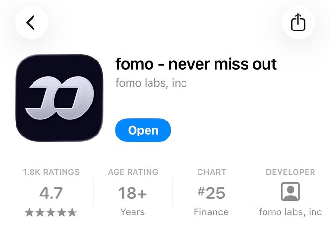 An App Store listing for 'fomo - never miss out' by fomo labs, inc, rated 4.7 stars from 1.8K ratings, age 18+, ranked #25 in the Finance chart category.