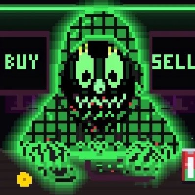 A pixelated green skull-faced character with glowing eyes sits in front of a trading interface displaying 'BUY' and 'SELL' panels.