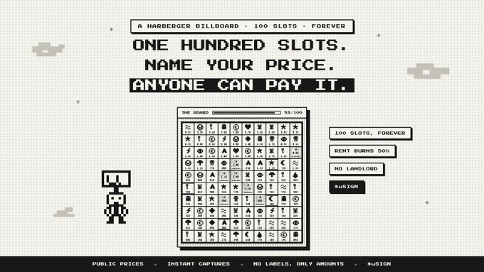 A black and white pixel-art style website interface titled 'A HARBERGER BILLBOARD' with the text 'ONE HUNDRED SLOTS. NAME YOUR PRICE. ANYONE CAN PAY IT.' above a grid of small icons and a small robot character.