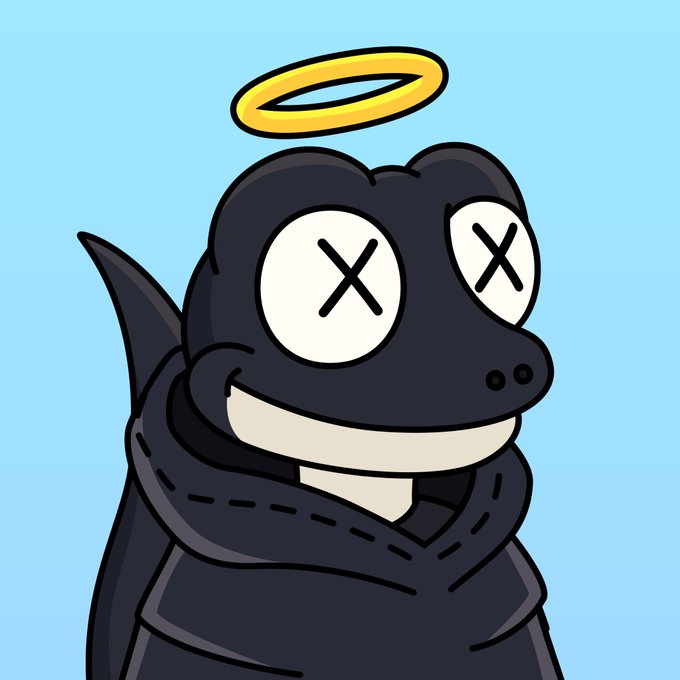 A cartoonish dark figure wearing a hooded cloak has X's for eyes, a wide smile, and a glowing yellow halo hovering above its head.