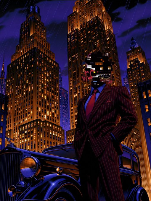 An illustrated artwork of a figure in a dark pinstripe suit and red tie standing beside a vintage car against a backdrop of illuminated skyscrapers at night, with a glitched/distorted face.