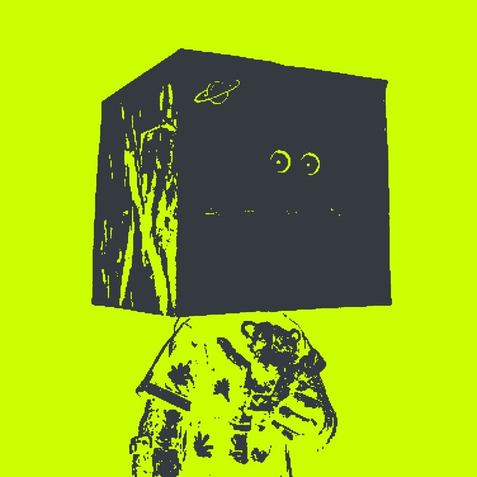 A high-contrast stylized illustration in black and yellow showing a person holding a large cardboard box on their head with a simple drawn face (eyes, mouth, and a planet drawing on top).