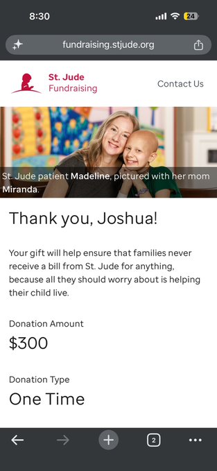 A screenshot of a St. Jude Fundraising confirmation page thanking "Joshua" for a $300 one-time donation, featuring a photo of St. Jude patient Madeline with her mom Miranda. The image supports the post by showcasing the charitable donation made to support a fellow Bitcoiner raising funds for St. Jude through the London Marathon.