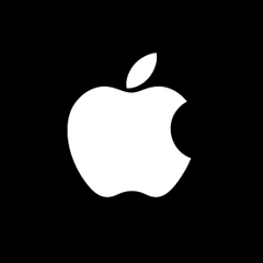 The Apple Inc. logo, a white silhouette of an apple with a bite taken out, displayed on a black background.