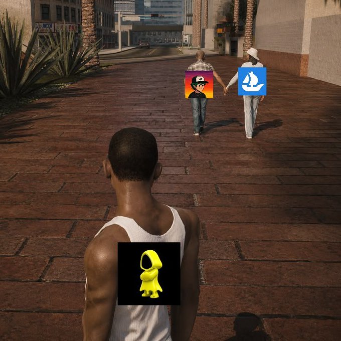 A video game scene shows a character in a white tank top looking at two NPCs walking away, with edited icons of a rainbow pirate figure, a blue sailboat, and a yellow alien figure overlaid on the characters.