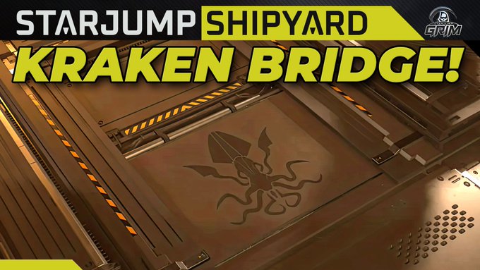 A gaming thumbnail for 'STARJUMP SHIPYARD' featuring a 'KRAKEN BRIDGE!' warning sign with an octopus emblem on a metal floor.