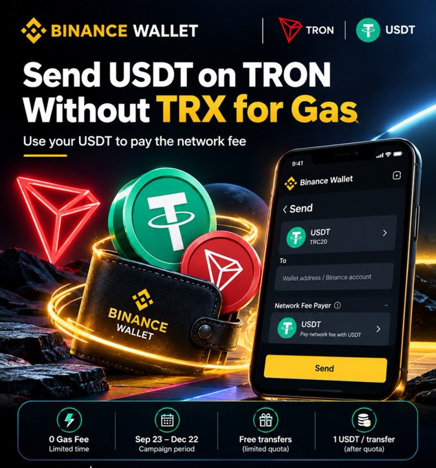A Binance Wallet promotional graphic advertising 'Send USDT on TRON Without TRX for Gas,' featuring a wallet, TRON/USDT coins, a phone screen, and campaign details (Sep 23 – Dec 22, 0 Gas Fee, Free transfers).
