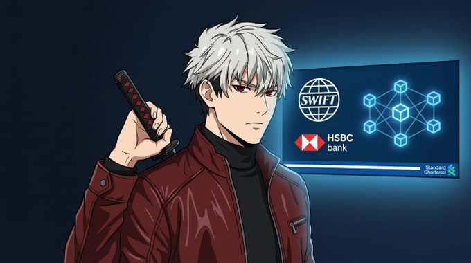 An anime-style illustration of a white-haired character holding a device, with a monitor behind him showing SWIFT, HSBC bank, and Standard Chartered logos alongside a blockchain graphic.