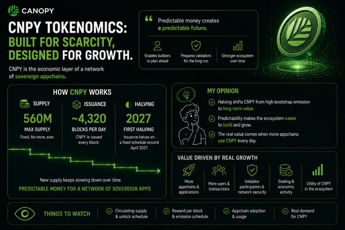 An infographic about "CNPY TOKENOMICS: BUILT FOR SCARCITY, DESIGNED FOR GROWTH" by Canopy, detailing a max supply of 560M, issuance of ~4,320 blocks per day, and a first halving in 2027, highlighting predictable money for sovereign apps.