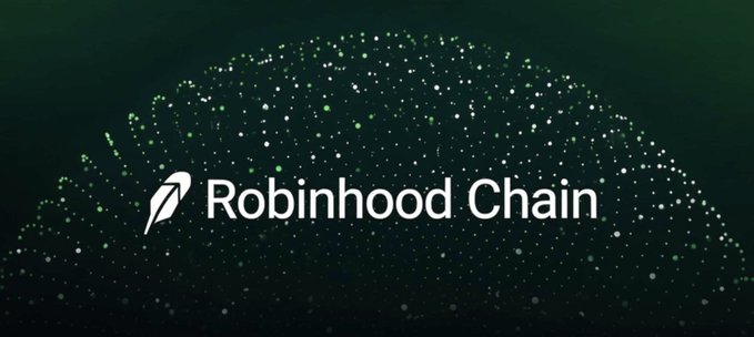 A dark green banner featuring the white text 'Robinhood Chain' alongside a feather logo, with a background of scattered green and white particles forming a dome shape.