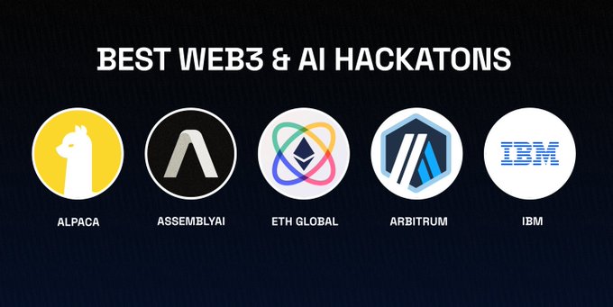A graphic titled 'BEST WEB3 & AI HACKATONS' displays logos for ALPACA, ASSEMBLYAI, ETH GLOBAL, ARBITRUM, and IBM.