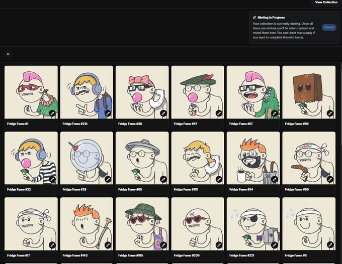 A digital art collection featuring various 'Fridge Fame' NFT characters with bubble gum, displayed in a grid with a notification about a 'Minting in Progress' event.