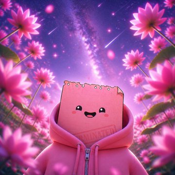 An AI-generated illustration of a cute pink notebook character wearing a pink hoodie, standing in a dreamy field of pink flowers under a starry night sky.