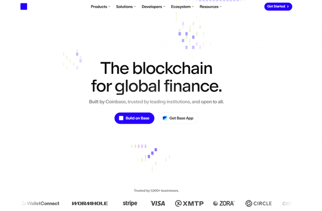 A Base blockchain landing page with the headline 'The blockchain for global finance,' featuring Build on Base and Get Base App buttons, trusted by 1,000+ businesses including WalletConnect, Wormhole, Stripe, Visa, XMTP, Zora, and Circle.