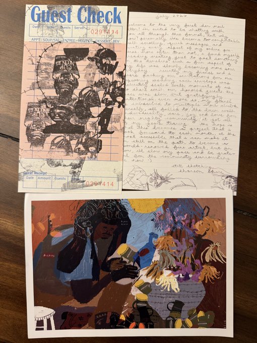 A Guest Check receipt from Dave's Nashville Sounds featuring a black and white illustration, alongside a handwritten letter and a colorful artwork depicting a figure with flowers.