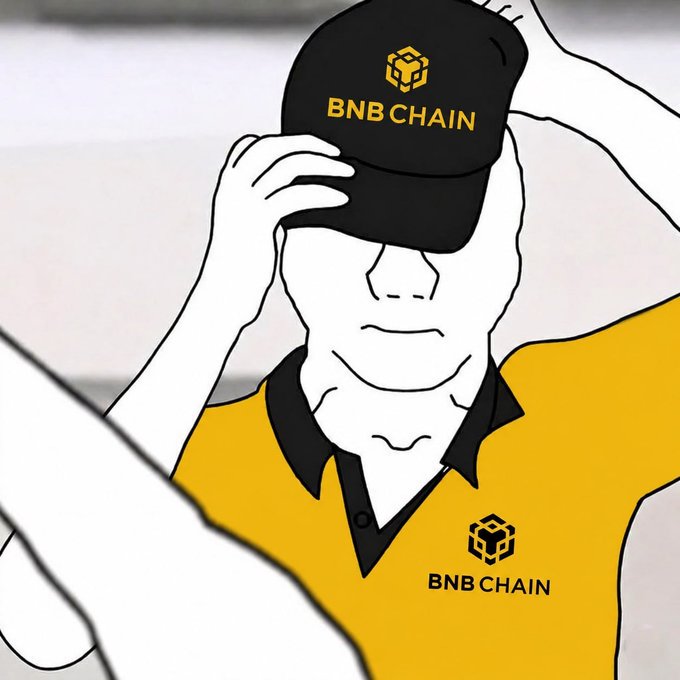 The image features a person wearing a yellow shirt with "BNB Chain" written across it, holding up their black baseball cap with the words "BNB Chain" printed on it. The caption below the image reads: "Which @BNBCHAIN projects are criminally undervalued right now?".