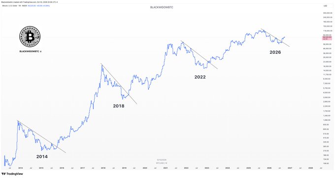 A Bitcoin/USD chart from TradingView spans from 2014 to 2028, marking significant crypto market bottoms with downward trendlines at 2014, 2018, 2022, and 2026, while displaying "BLACKSWEDEBTC" branding in the top-left corner. The image humorously illustrates the recurring pattern of Bitcoin crashes, relating to the post's expression of nervousness about $BTC market movements.