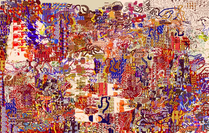 A vibrant, chaotic abstract artwork densely layered with red, blue, and orange textures and calligraphic strokes, evoking a frenetic holiday collage. The piece aligns with the post's title "Stages of Christmas," released as a 5-edition NFT for 0.02 ETH on Transient Labs, suggesting the visual cacophony symbolizes the bustling, overlapping moments of the holiday season.