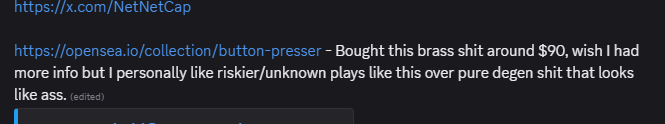 A text document showing a note about purchasing a brass item from opensea.io for $90, with a link to NetNetCap and a reference to a 'button-presser' collection.