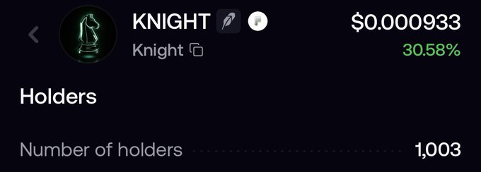 A screenshot of a cryptocurrency listing for 'KNIGHT' showing a price of $0.0000933, a 30.58% change, and 1,003 holders.