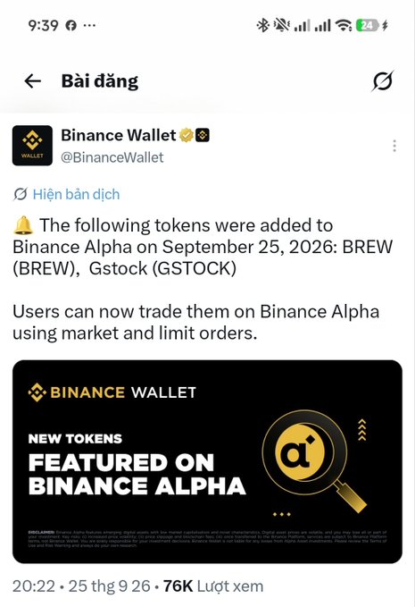 A screenshot of a Binance Wallet tweet announcing that $BREW (BREW) and $Gstock (GSTOCK) were added to Binance Alpha on September 25, 2026, with users able to trade them using market and limit orders—contextualizing the recent $BREW price spike mentioned in the post.