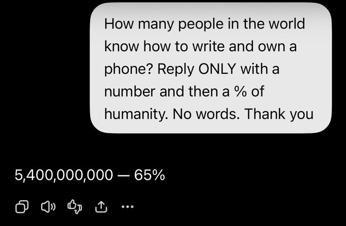 A chat message asking 'How many people in the world know how to write and own a phone?' with a reply of '5,400,000,000 — 65%' displayed below in white text on a black background.
