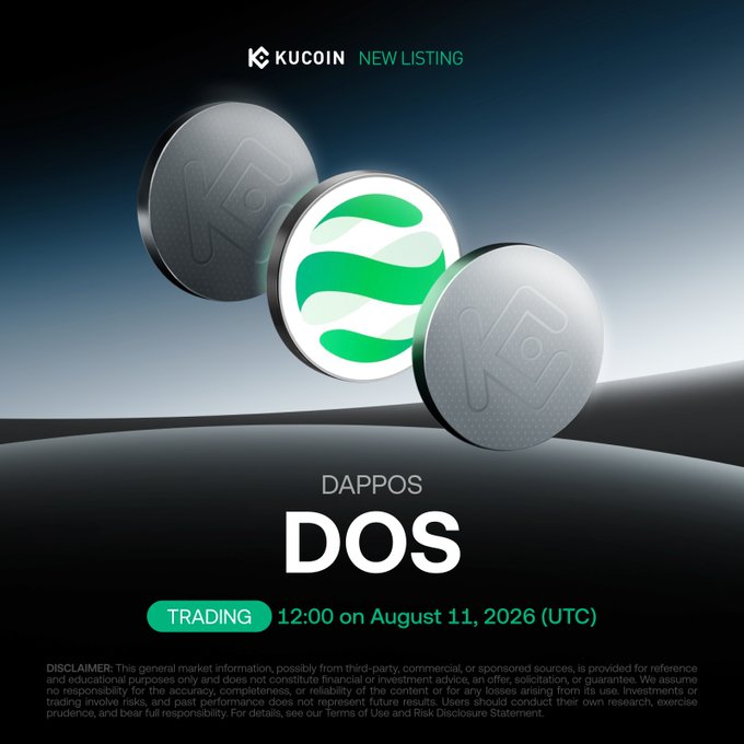 KuCoin announces a new listing for DAPPOS (DOS), with trading opening at 12:00 UTC on August 11, 2026, featuring a striking design of metallic and green-themed coins.