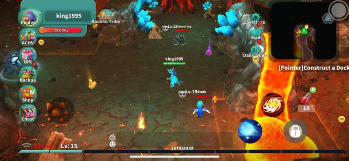 A screenshot from a mobile MMORPG game showing characters in a volcanic cave setting, with UI elements including 'king1995', 'Lv.15', 'Back to Tribe', and the objective '[Pointer]Construct a Dock'.