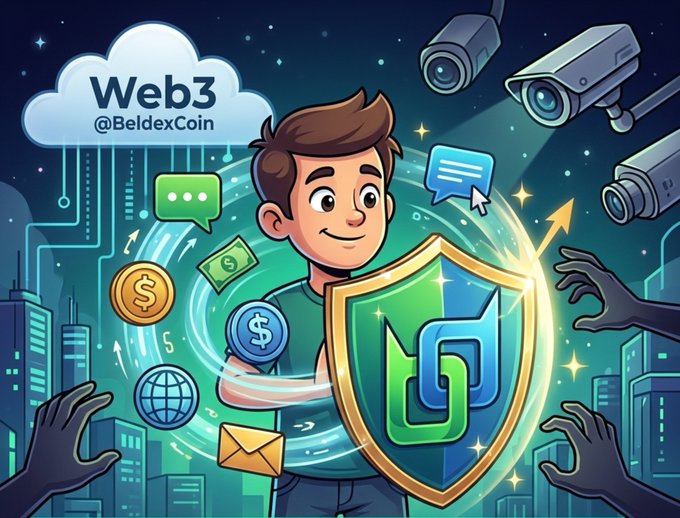 A cartoon illustration features a smiling man holding a shield with a blue logo, surrounded by Web3 icons, money symbols, and shadowy hands, with a cloud labeled 'Web3 @BeldexCoin' and security cameras overhead.