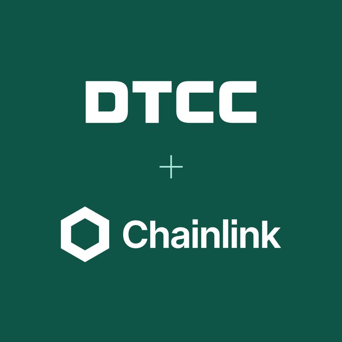 A dark green graphic displays 'DTCC' in bold white letters above a plus sign and the 'Chainlink' logo with its hexagonal icon.