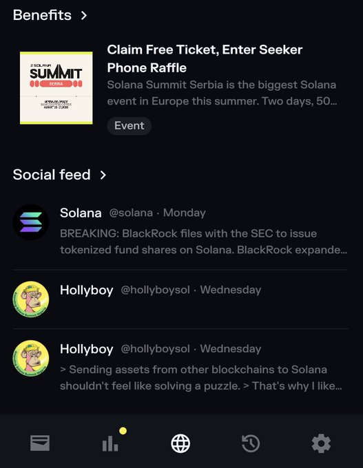 A mobile app screenshot displays a 'Benefits' section featuring a 'Claim Free Ticket, Enter Seeker Phone Raffle' for 'Solana Summit Serbia', along with a social feed showing posts from @solana and @hollyboysol mentioning BlackRock filing with the SEC.