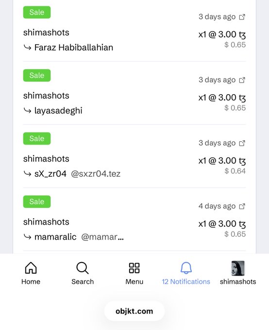 A screenshot of an objkt.com transaction history shows multiple sales from 'shimashots' at 3.00 tz each, with prices ranging from $0.64 to $0.65, and 12 notifications.