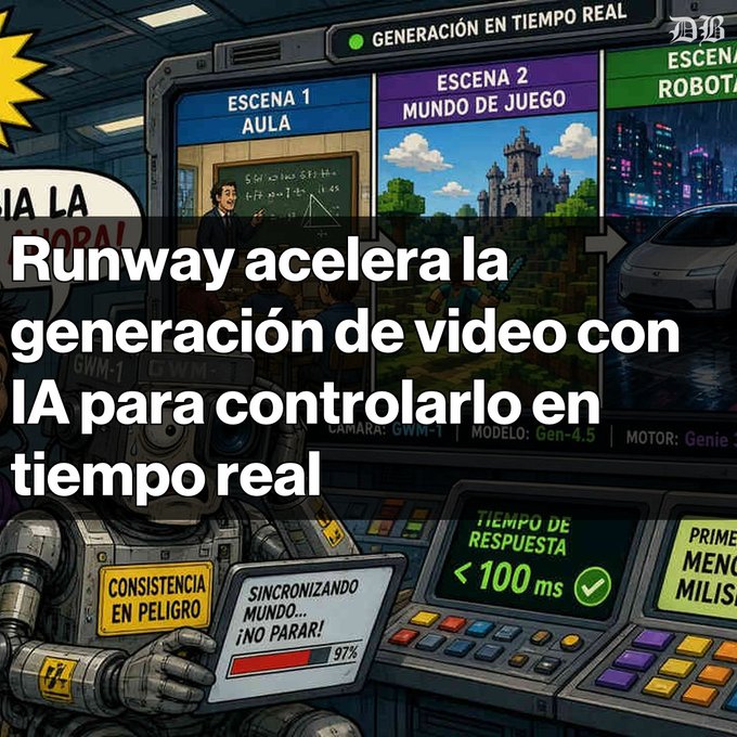 A comic-style illustration shows a robot at a control panel with multiple screens displaying scenes like 'ESCENA 1 AULA' and 'ESCENA 2 MUNDO DE JUEGO', with overlay text 'Runway acelera la generación de video con IA para controlarlo en tiempo real' and indicators showing '<100 ms' response time.