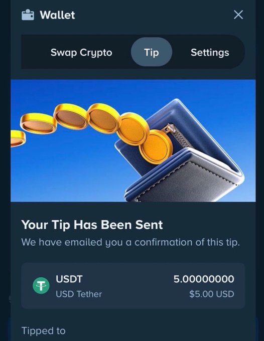 A digital wallet confirmation screen shows "Your Tip Has Been Sent" for 5.00000000 USDT (USD Tether) valued at $5.00 USD, illustrating the $5 crypto tip giveaway mentioned in the post.
