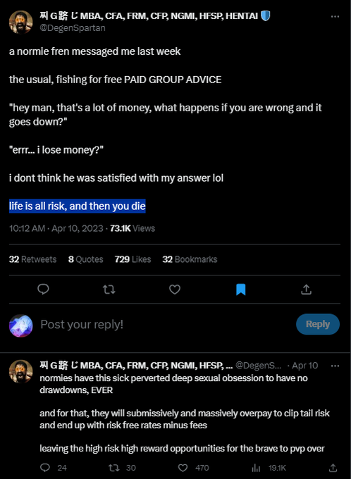 A screenshot of an X post by user @DegenSpartan discussing risk and drawdowns, with the highlighted quote 'life is all risk, and then you die.'