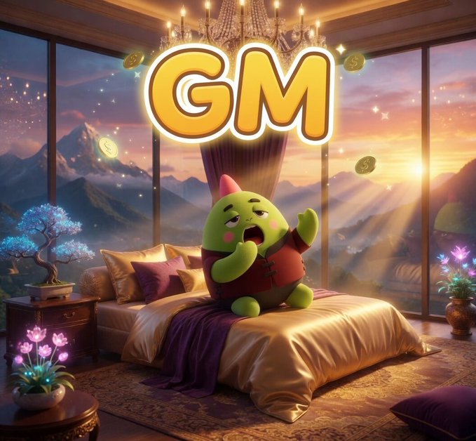 The image features a cartoon character named G-M sitting on a bed with a gold comforter and purple pillows. The character appears to be tired or sleepy, possibly after a long day of playing video games. The background shows a bedroom setting with a large window that lets in natural light, creating a cozy atmosphere. There is also a potted plant near the window, adding some greenery to space. The post includes text about the importance of sleep and how it can improve one's mood and well-being.