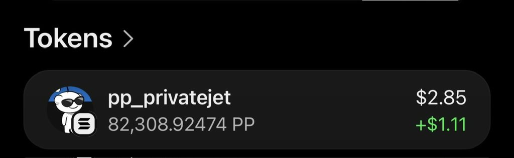 A cryptocurrency tracking screen displays a token called "pp_privatejet" valued at $2.85, showing a positive gain of +$1.11 (green text) with a balance of 82,308.92474 PP tokens, visually confirming the pump referenced in the accompanying post.