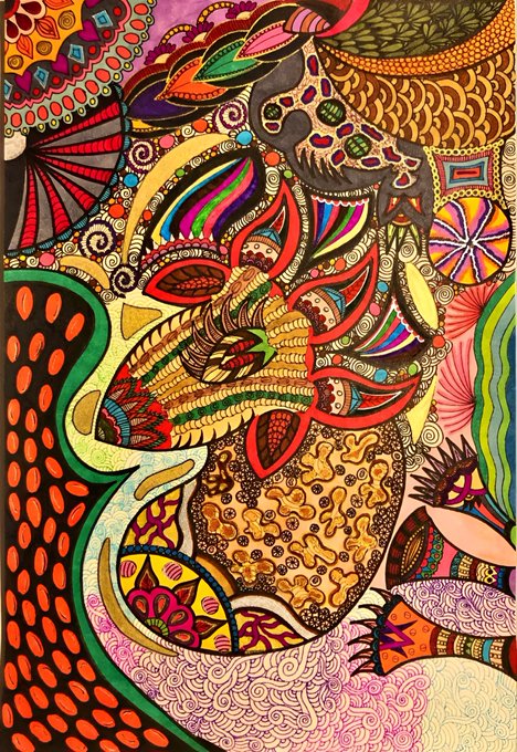 A vibrant, intricately detailed abstract artwork filled with colorful patterns, swirls, and shapes in vivid reds, oranges, pinks, and yellows, with no visible text or numbers. The post accompanying the image appears unrelated to the visual content, expressing gratitude to a user named @web_horizons and referencing "$XTZ" (Tezos cryptocurrency) alongside the numbers "7/20 3," possibly indicating a date and time, but these elements are not depicted in the artwork itself.