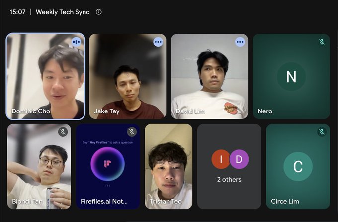 A screenshot of a video conference call titled 'Weekly Tech Sync' with multiple participants, including Dominic Cho, Jake Tay, David Lim, Biondi Tan, and Tristan Teo, alongside a bot named 'Fireflies.ai'.