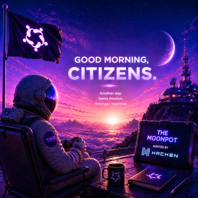 A digital artwork shows an astronaut looking at a sunrise with the text 'GOOD MORNING, CITIZENS. Another day. Same mission. Stronger together.' and a briefcase labeled 'THE MOONPOT AUDITED BY HACKEN.'
