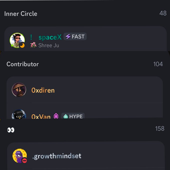 The image shows a screenshot of a social media platform with a list of people's names and their roles within an inner circle. The main focus is on the names "Oxdren" and "Hype", which are associated with different roles or statuses in the group. There are also other names present, such as "L", "Sree Ju", and "104". The post seems to be discussing the benefits of joining an inner circle for trading purposes, highlighting the advantages of being part of a community that shares similar interests and goals.