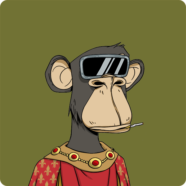 A digital illustration of a cartoon monkey wearing large black goggles and a red royal robe with gold trim, holding a cigarette in its mouth.