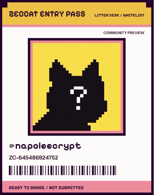 A digital 'BECOAT ENTRY PASS' for 'LITTER DESK / WHITELIST' community preview featuring a pixelated cat silhouette with a question mark, username '@napoleecrypt', and code 'ZC-645486924752'.